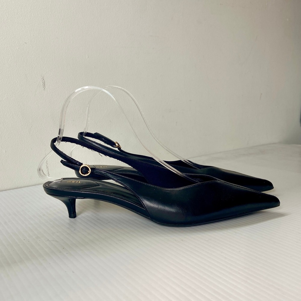 Zara Black Faux Vegal Leather Kitten Heel Slingback Shoes Womens EU 40 US 9